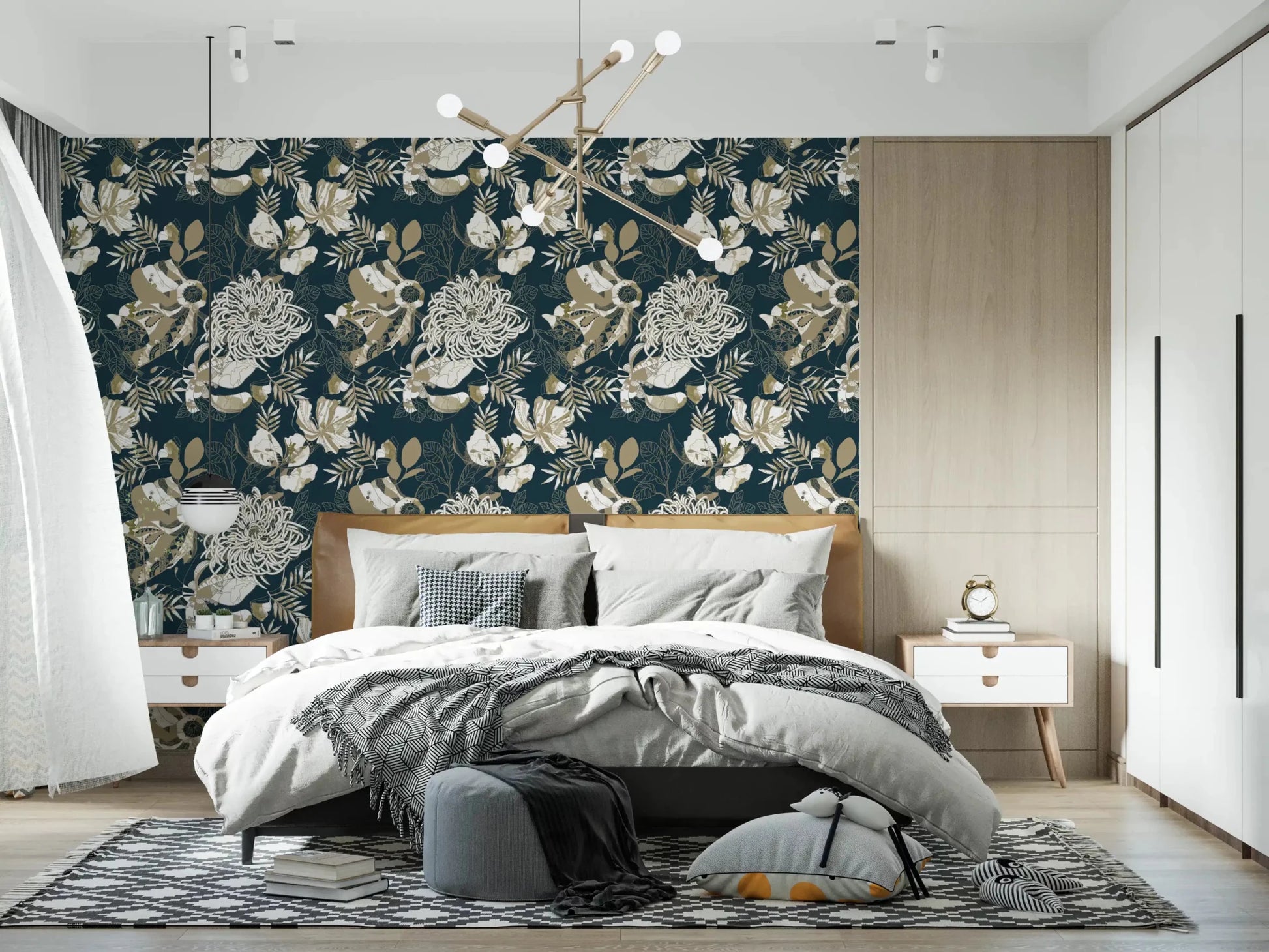 Bedroom featuring Art Deco Teal Floral wallpaper with layered leaves