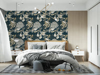 Bedroom featuring Art Deco Teal Floral wallpaper with layered leaves