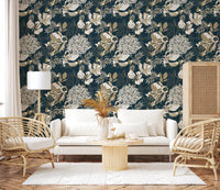 Layered blooms shape this Art Deco Teal Floral wallpaper design