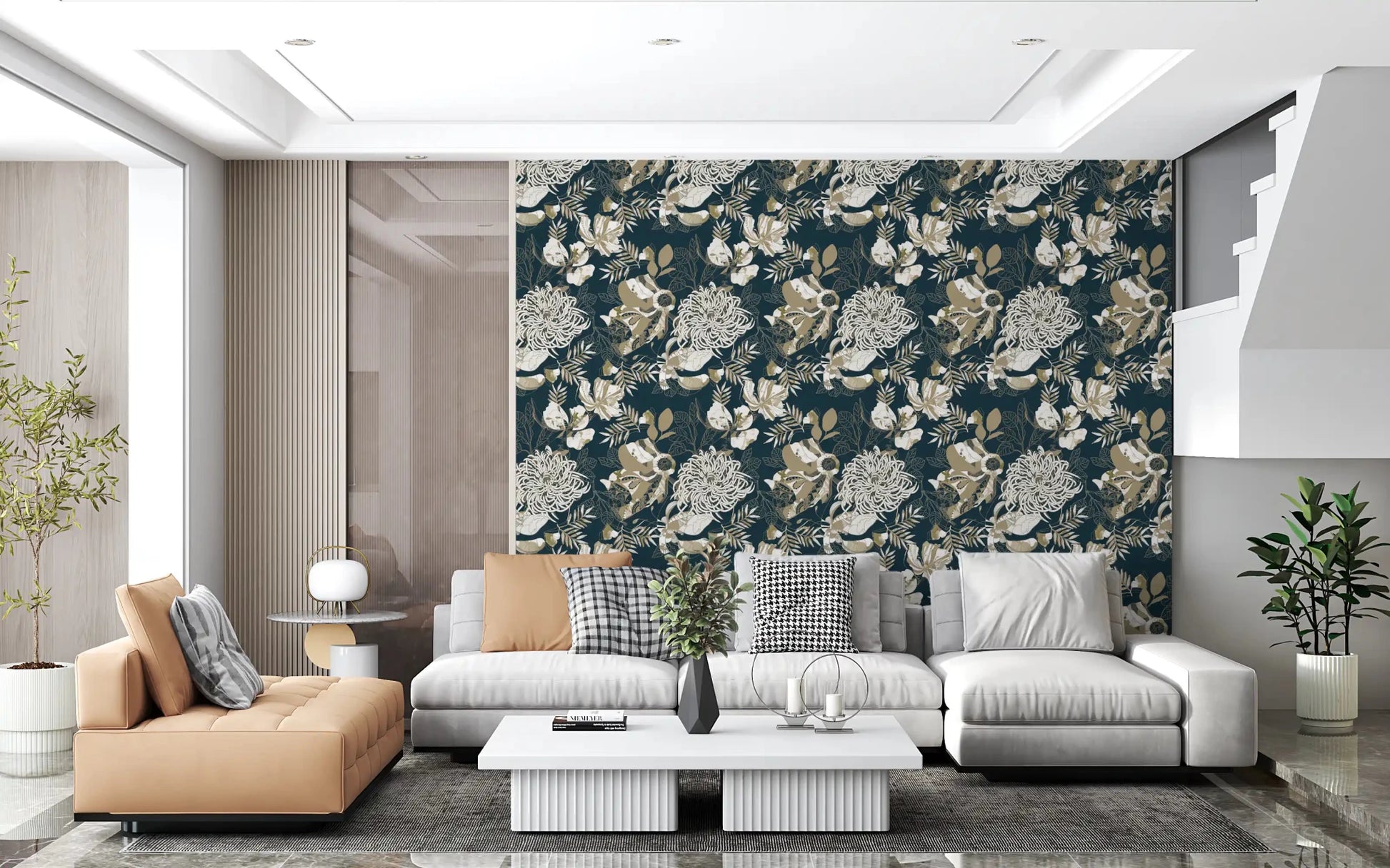 Living room showing Art Deco Teal Floral wallpaper with floral repeat
