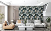 Living room showing Art Deco Teal Floral wallpaper with floral repeat