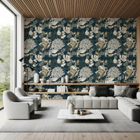 Decorative linework frames the Art Deco Teal Floral wallpaper pattern