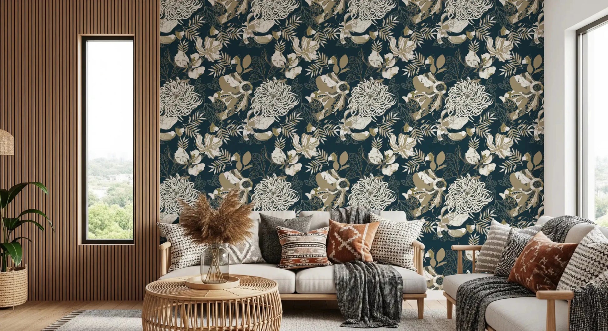 Hallway styled in Art Deco Teal Floral wallpaper on a deep teal base