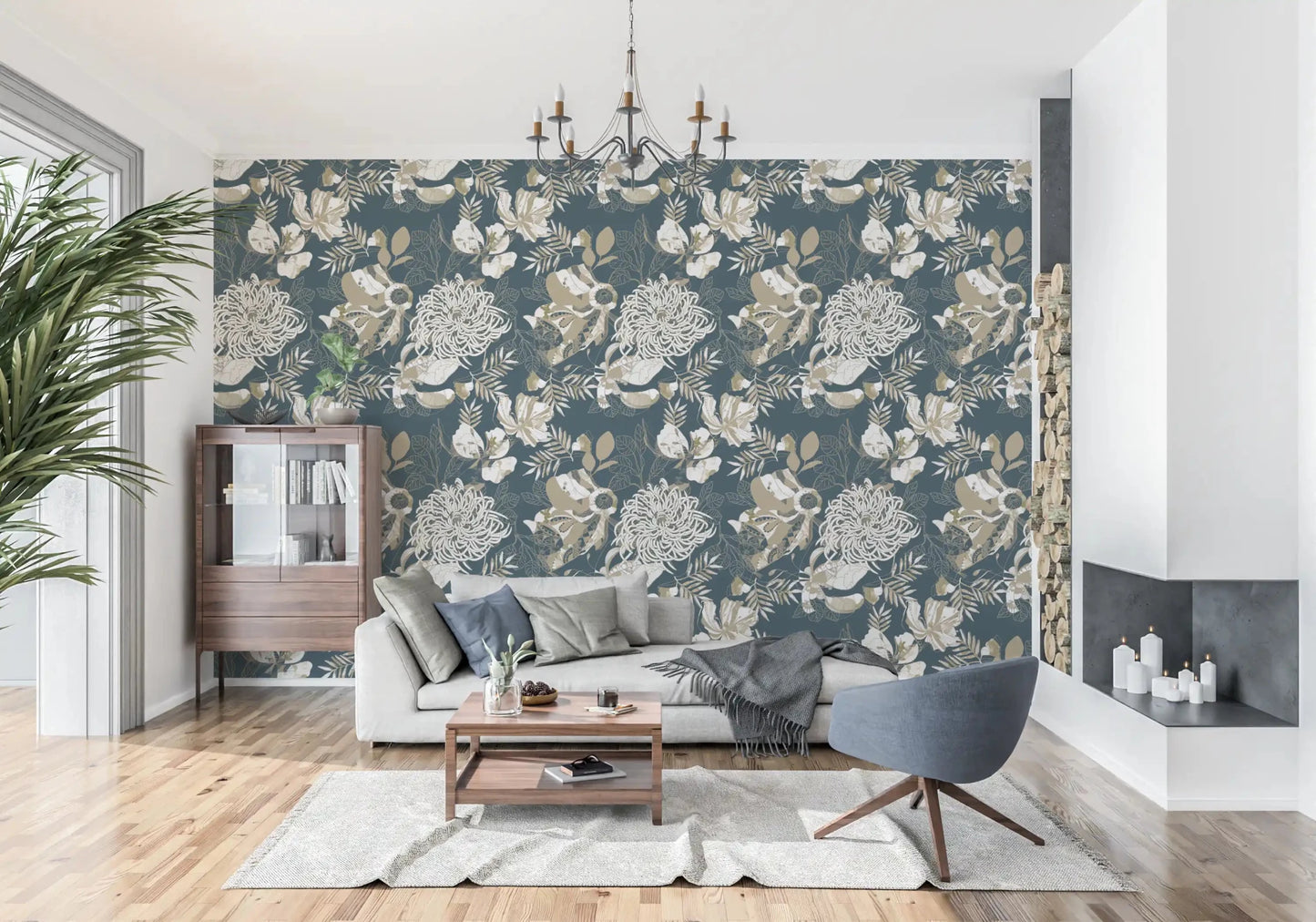 Deep teal ground with Art Deco Teal Floral wallpaper pattern