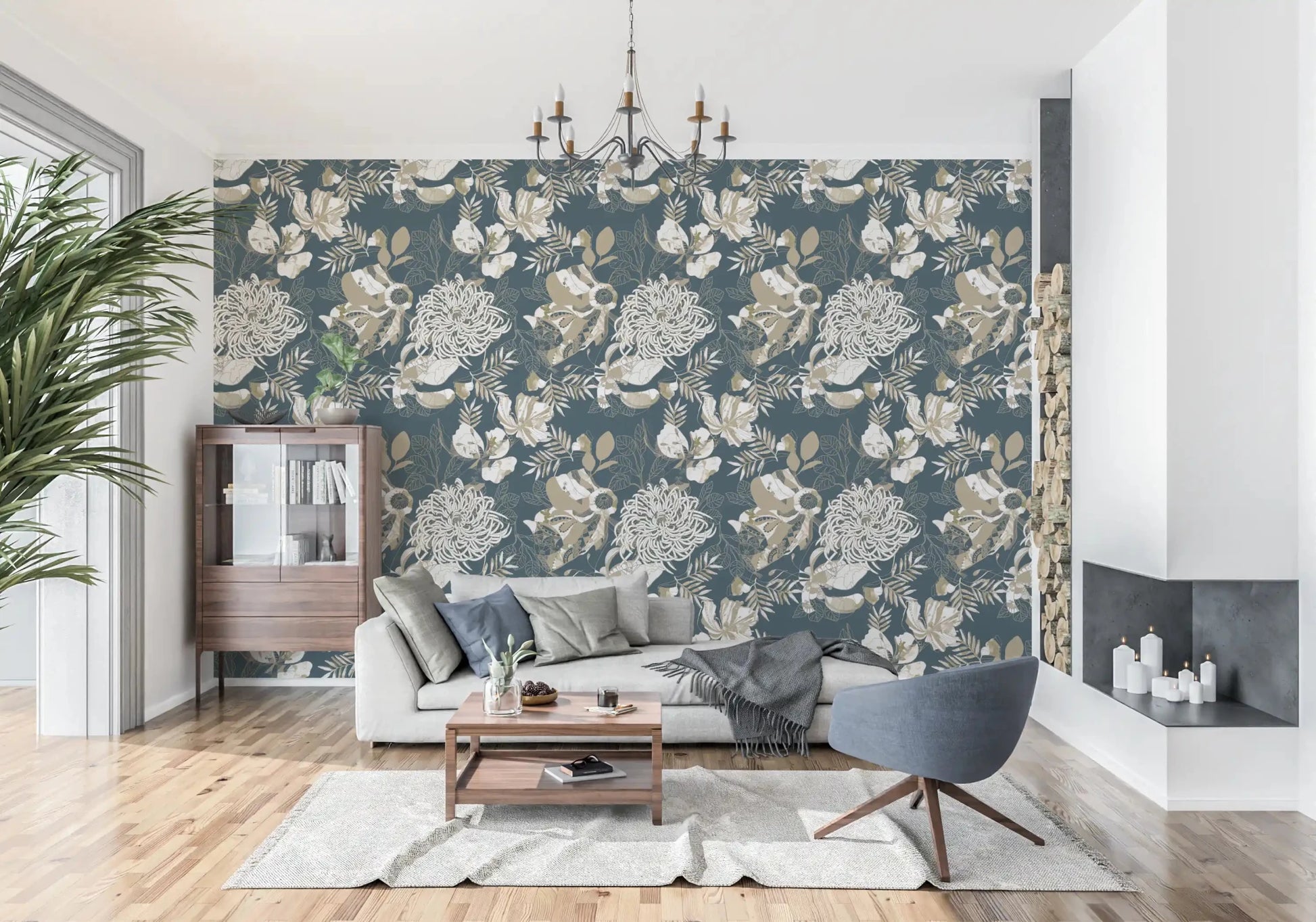 Deep teal ground with Art Deco Teal Floral wallpaper pattern
