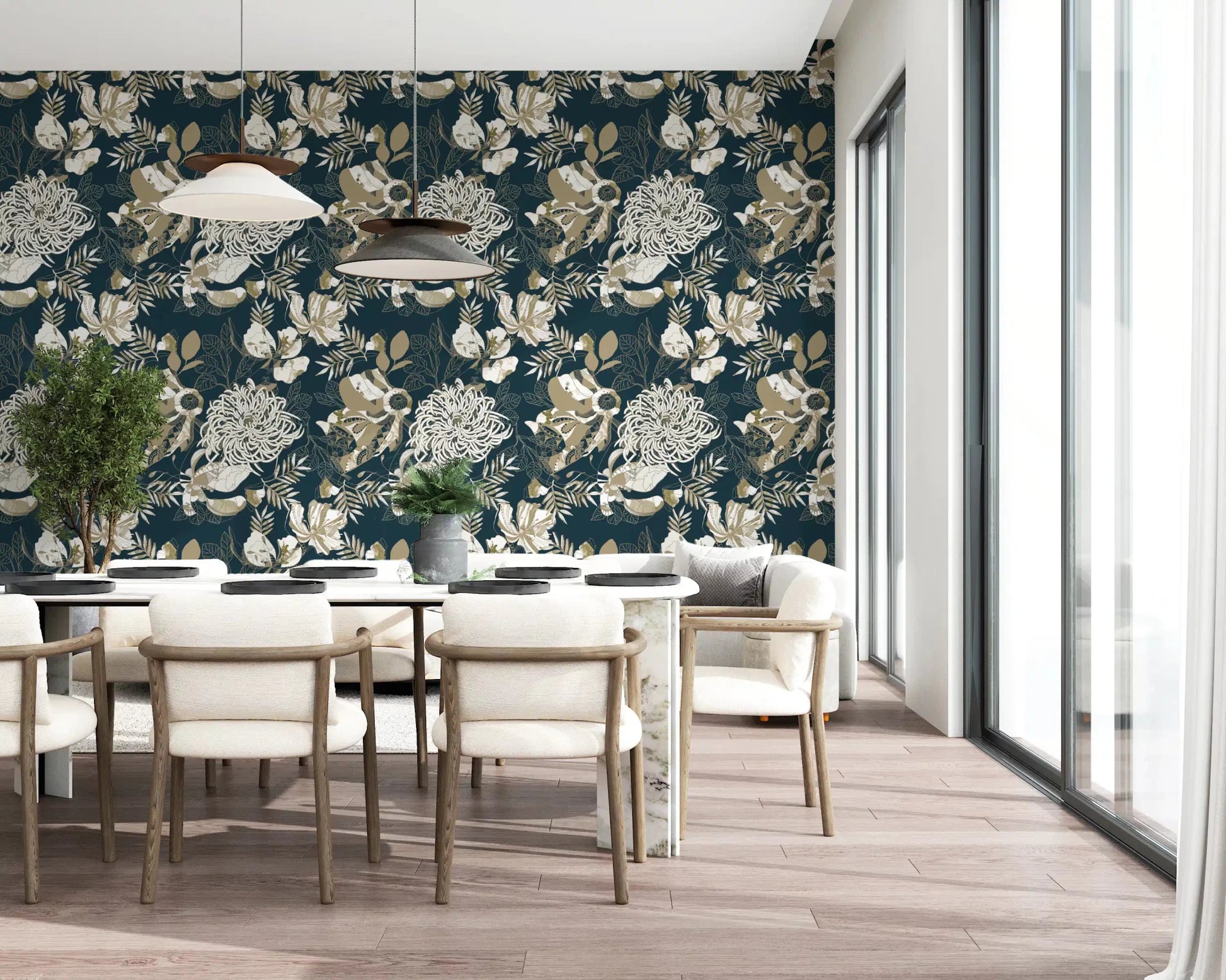 Dining room with Art Deco Teal Floral wallpaper and ivory bloom detail