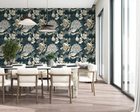 Dining room with Art Deco Teal Floral wallpaper and ivory bloom detail
