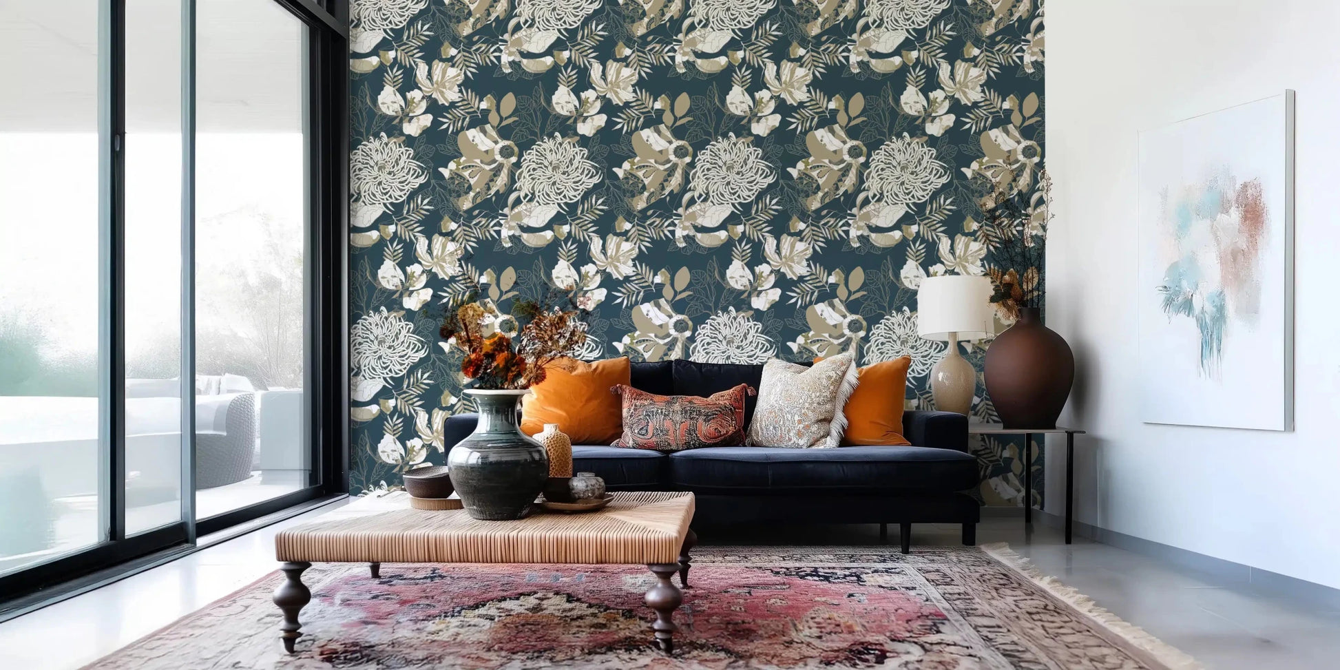 Curved leaf forms enrich the Art Deco Teal Floral wallpaper surface