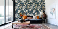 Curved leaf forms enrich the Art Deco Teal Floral wallpaper surface