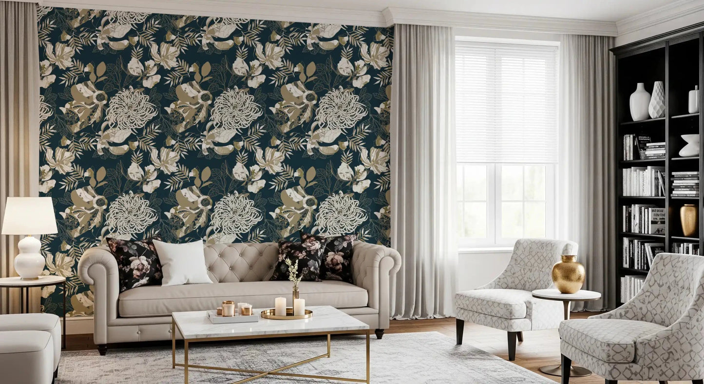 Ivory blossoms define this Art Deco Teal Floral wallpaper beautifully