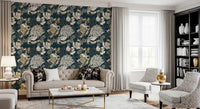 Ivory blossoms define this Art Deco Teal Floral wallpaper beautifully