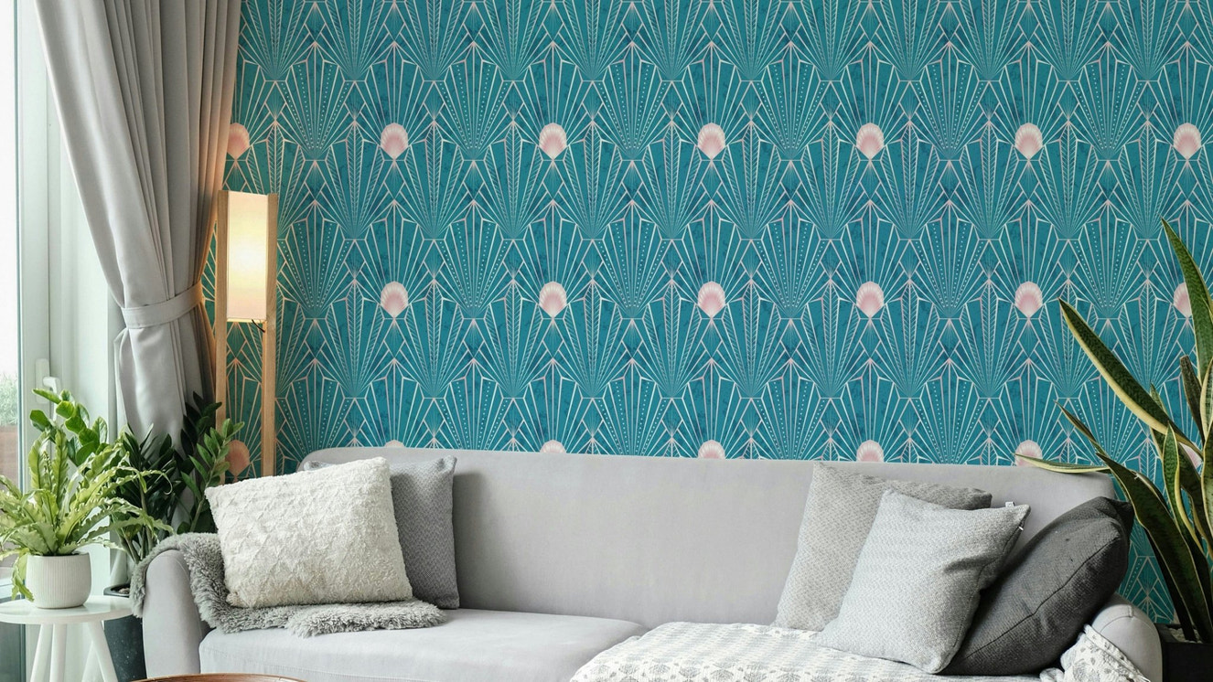 Glamorous teal rose gold Art Deco wallpaper

