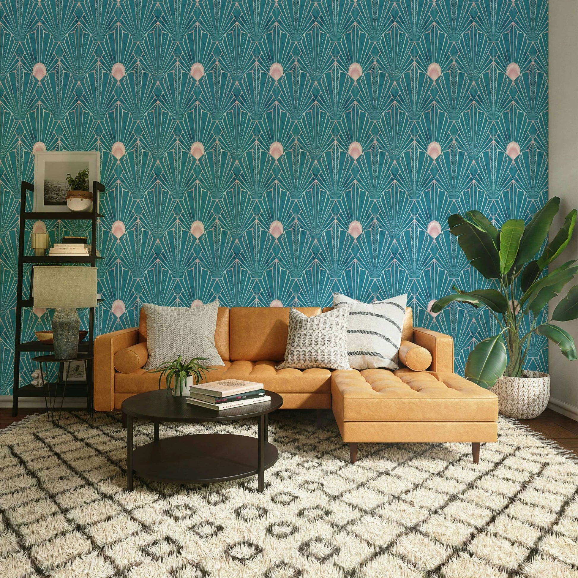 Art Deco teal and rose gold radiant wallpaper GD151

