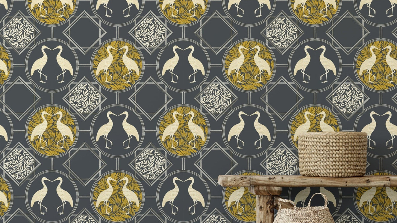 White heron charcoal mural art deco style
