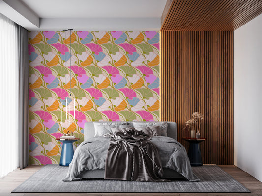 Bedroom styled in Art Nouveau Botanica Fan Flow wallpaper with floral fans