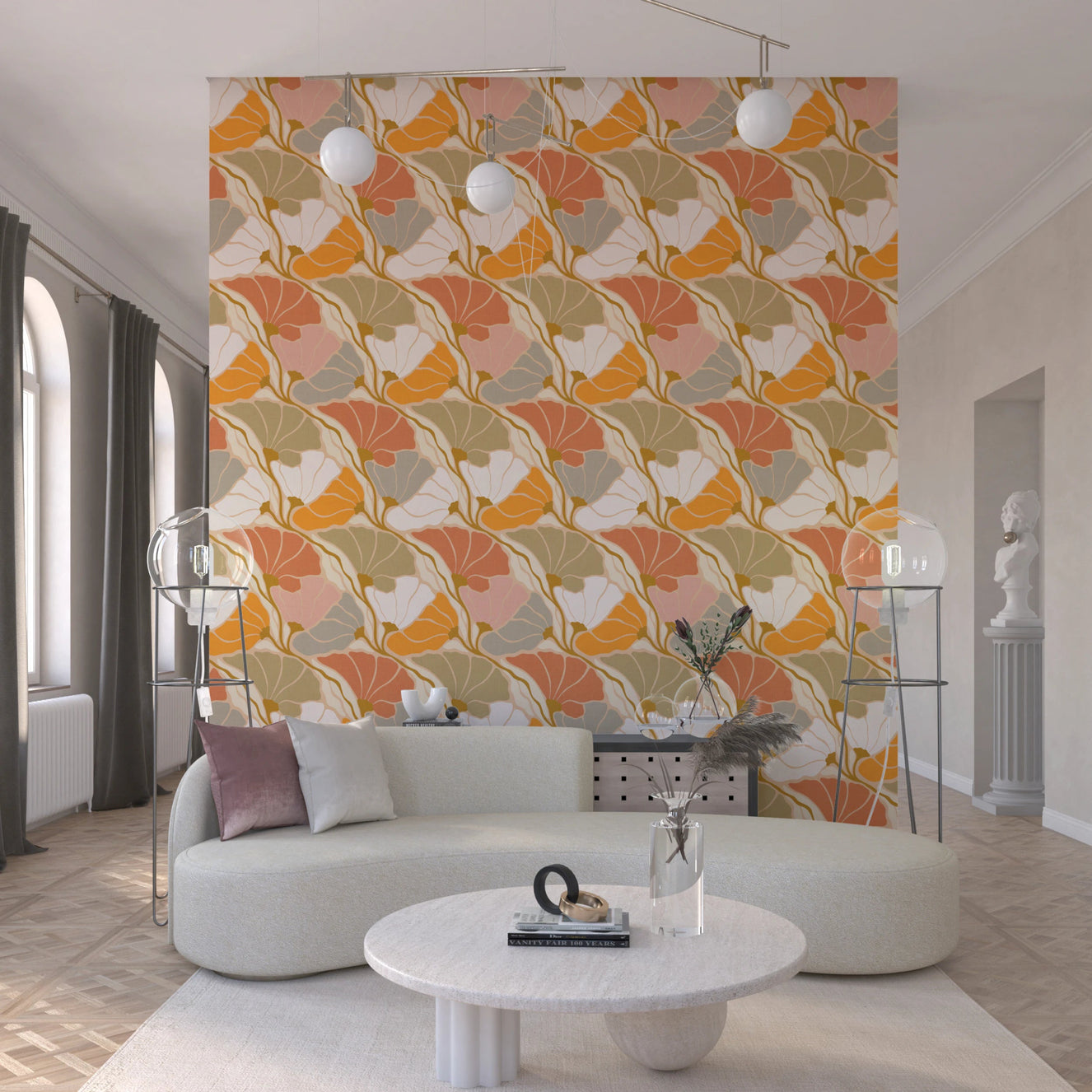 Vintage-inspired Art Nouveau Botanica Fan Flow wallpaper with soft floral rhythm
