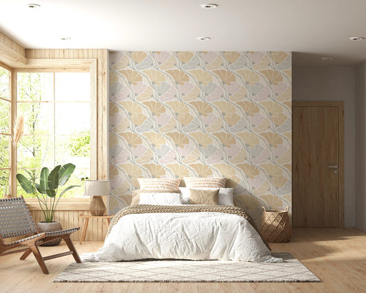 Bedroom styled in Art Nouveau Botanica Fan Flow wallpaper with floral fans