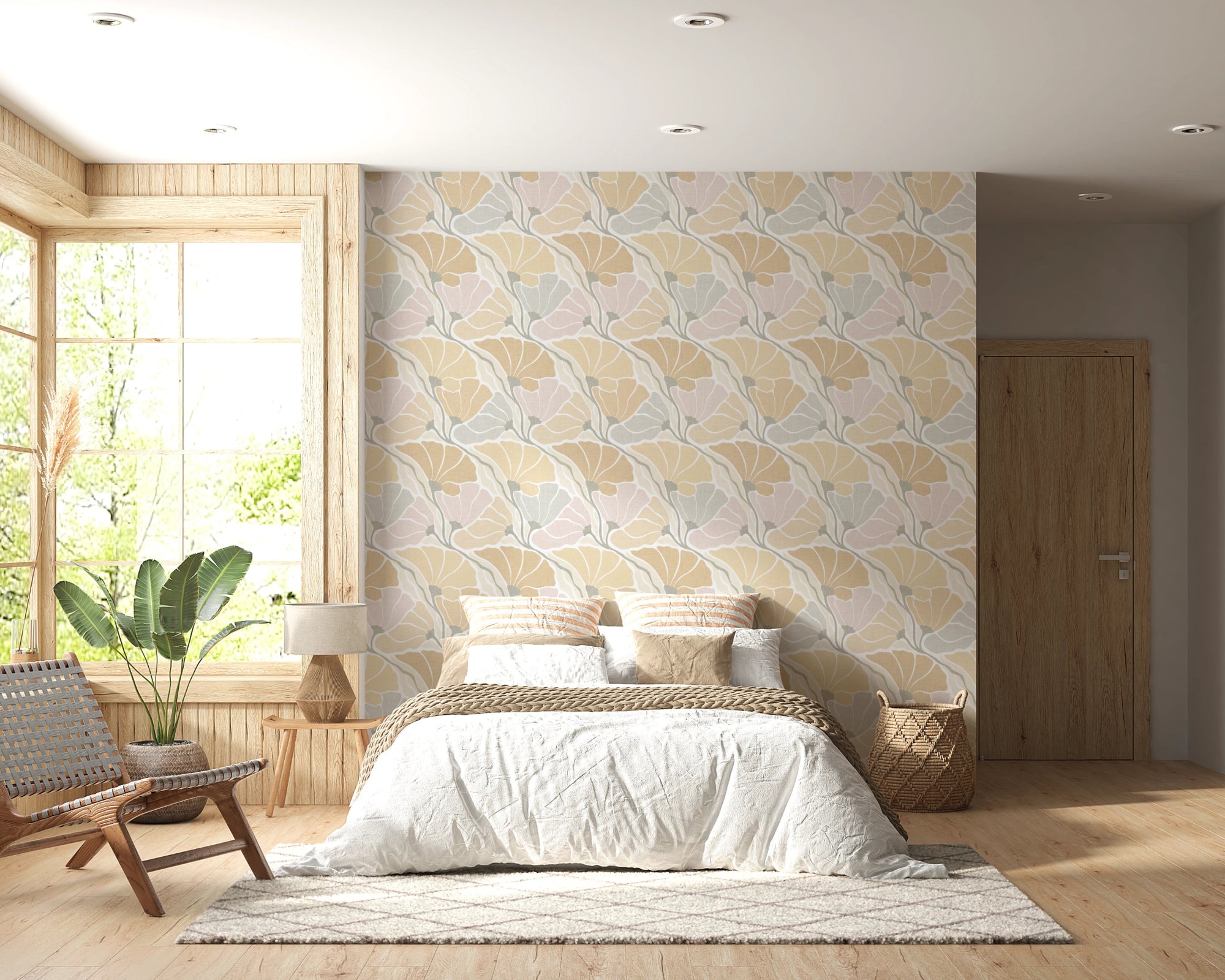 Bedroom styled in Art Nouveau Botanica Fan Flow wallpaper with floral fans, GD8096
