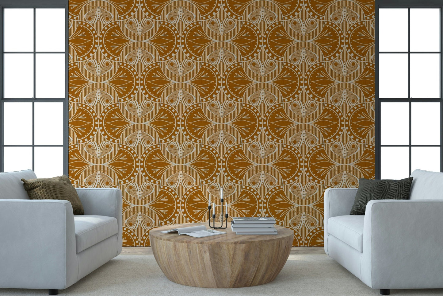 Rich Art Nouveau Butterfly or Floral in Burnt Orange symmetrical ochre earthy wallpaper.