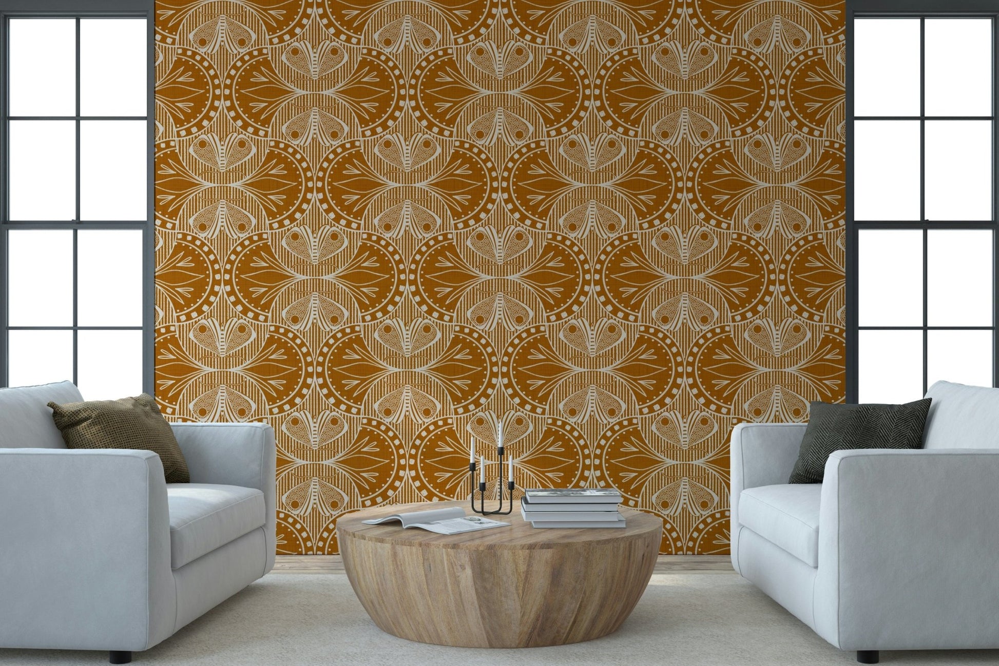 Rich Art Nouveau Butterfly or Floral in Burnt Orange symmetrical ochre earthy wallpaper.