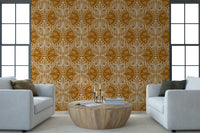 Rich Art Nouveau Butterfly or Floral in Burnt Orange symmetrical ochre earthy wallpaper.