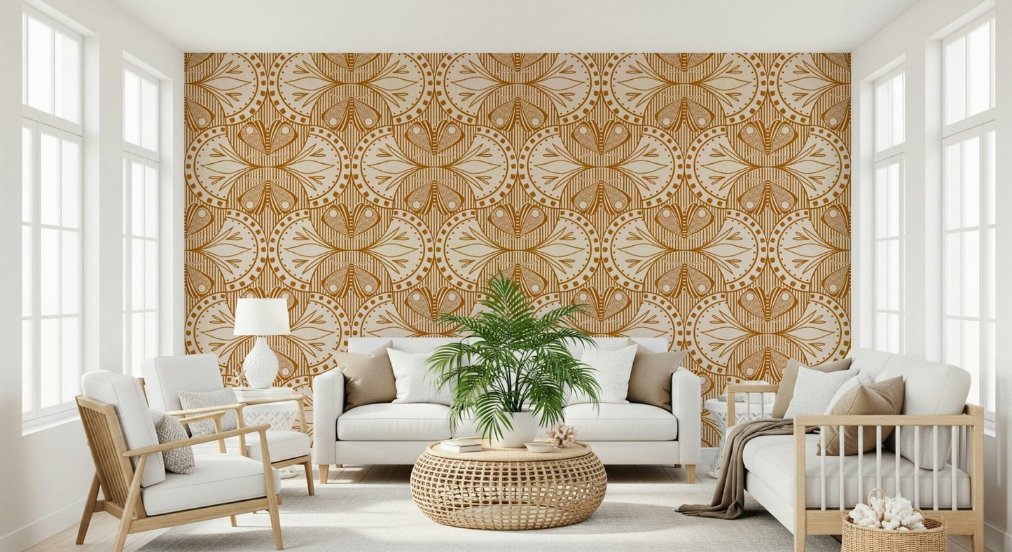 Art Nouveau Butterfly or Floral in Cream or Burnt Orange vintage detailed wallpaper.