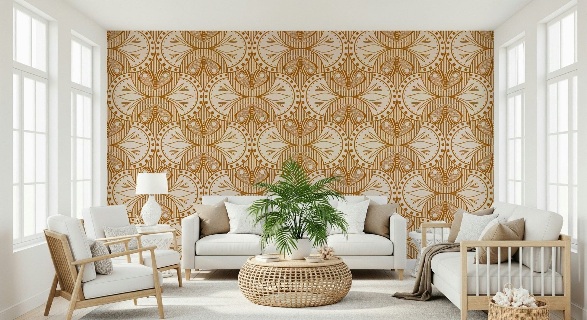 Art Nouveau Butterfly or Floral in Cream or Burnt Orange vintage detailed wallpaper.