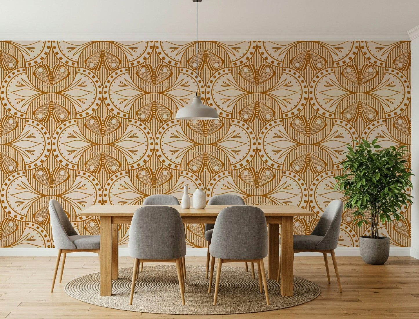 Intricate Art Nouveau Butterfly or Floral in Cream or Burnt Orange sepia wall covering.