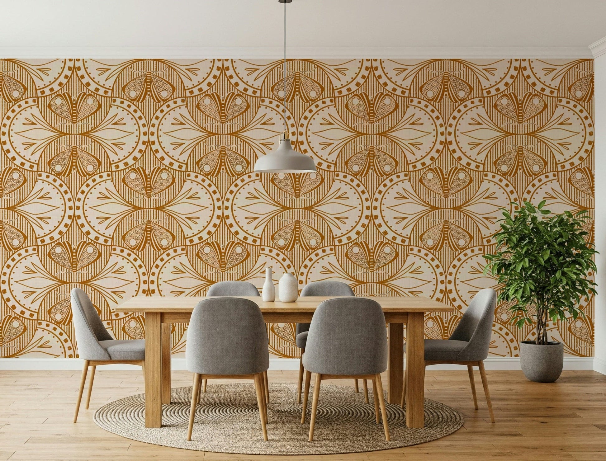 Intricate Art Nouveau Butterfly or Floral in Cream or Burnt Orange sepia wall covering.