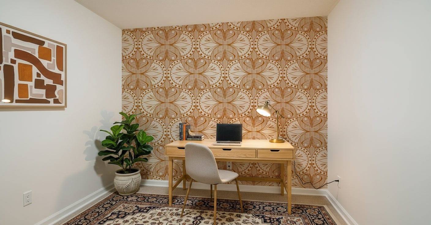 Ornate Art Nouveau Butterfly or Floral in Cream or Burnt Orange wallpaper design.