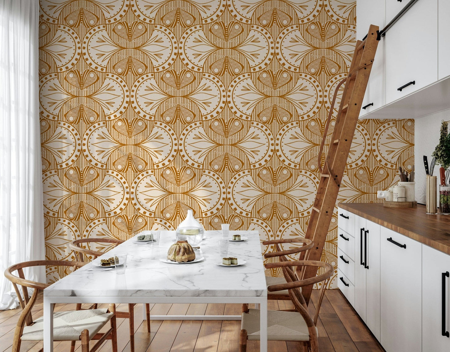 Art Nouveau Butterfly or Floral in Cream or Burnt Orange symmetrical tan wallpaper panel.