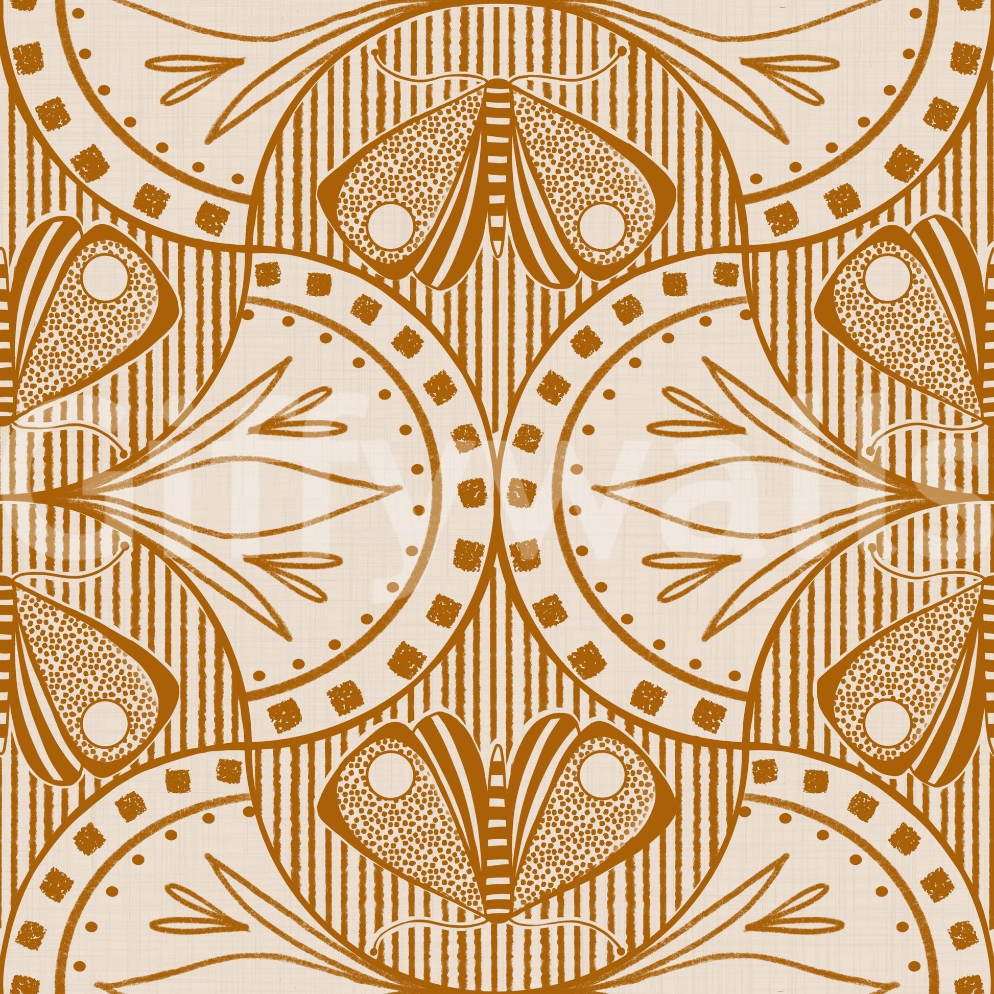 Bohemian Art Nouveau Butterfly or Floral in Cream or Burnt Orange earthen wall mural.