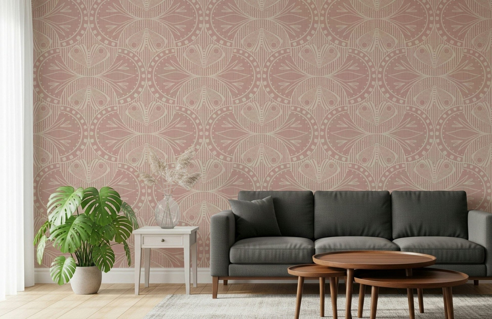 Soft Art Nouveau Butterfly Floral in Dusty Pink mural, vintage flair.