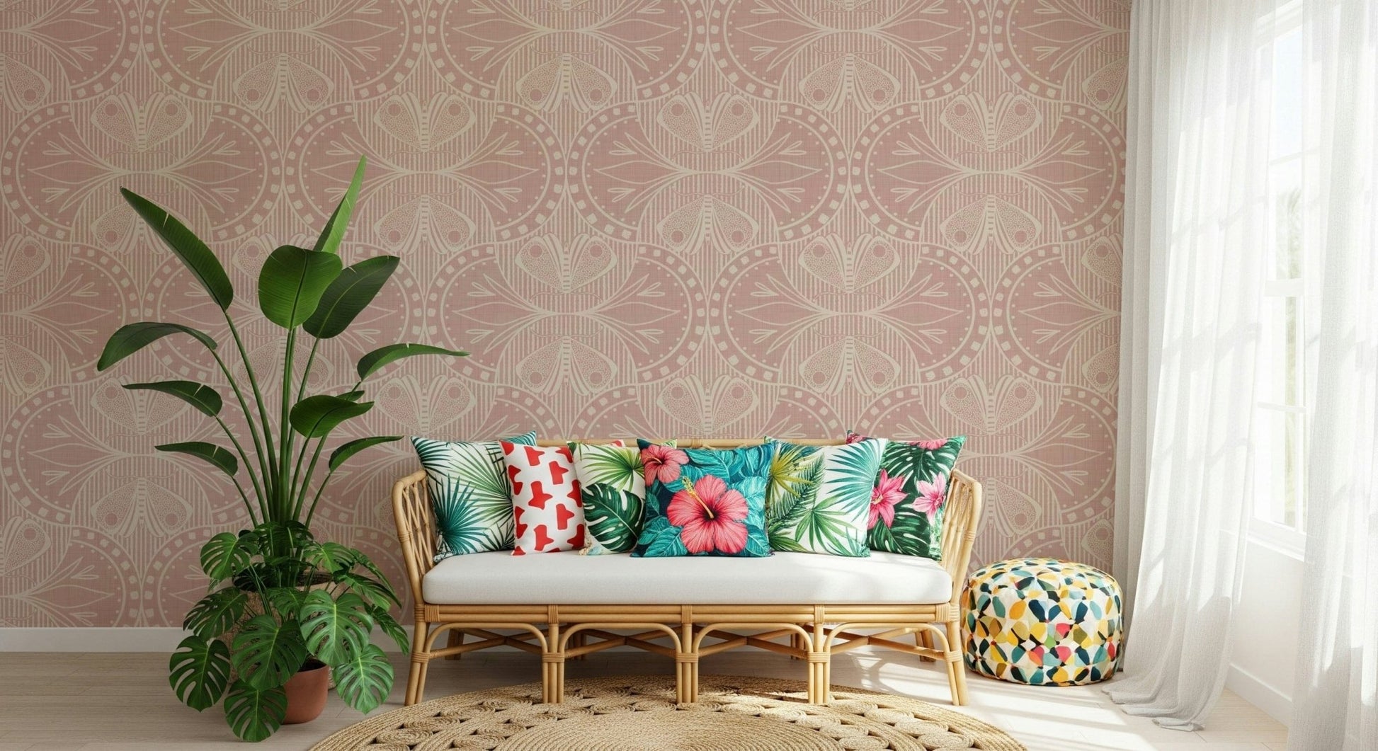 Stylized Art Nouveau Butterfly Floral in Dusty Pink wall mural.