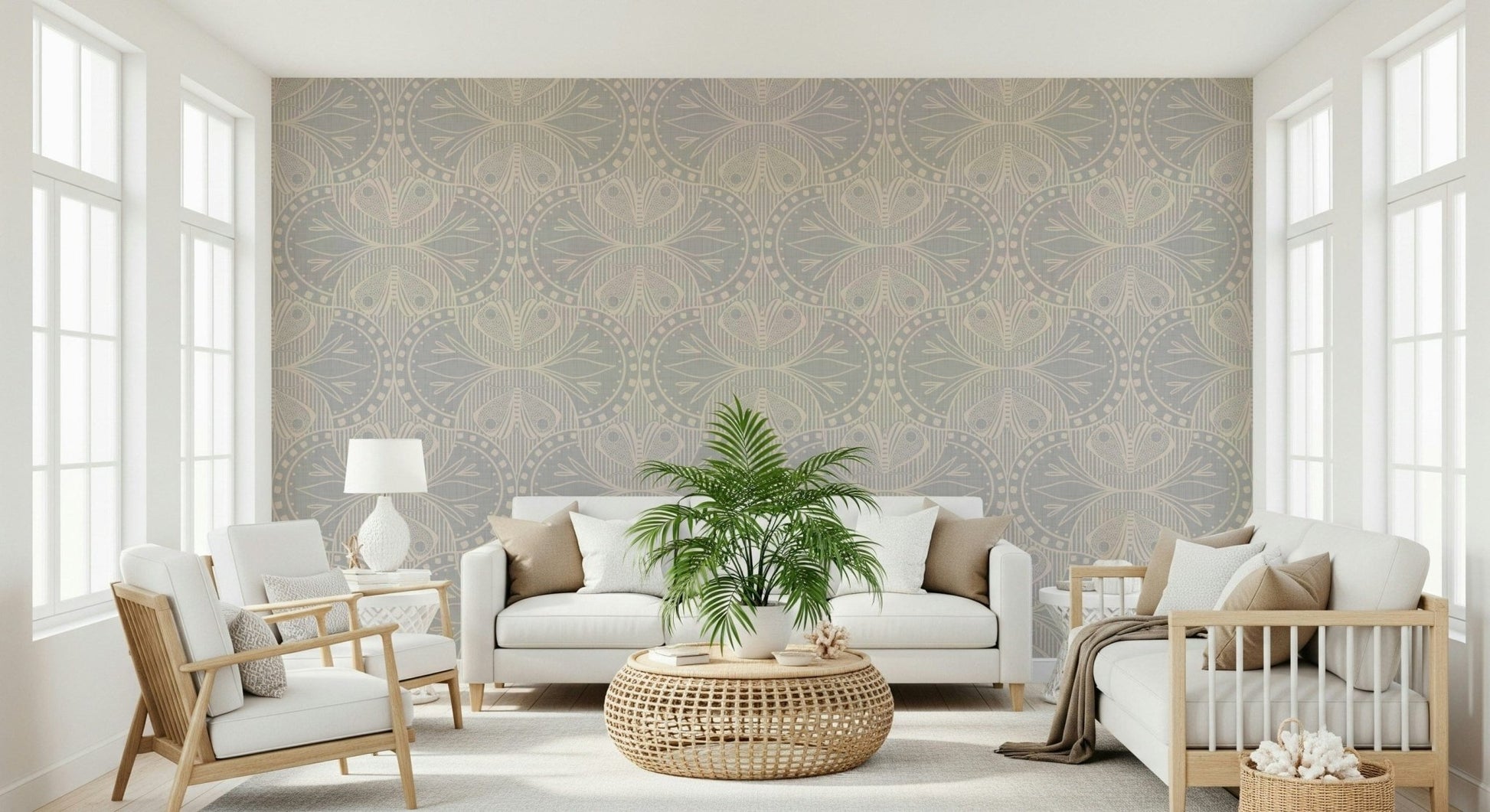 Art Nouveau Butterfly Floral in Light Grey Wallpaper⁠