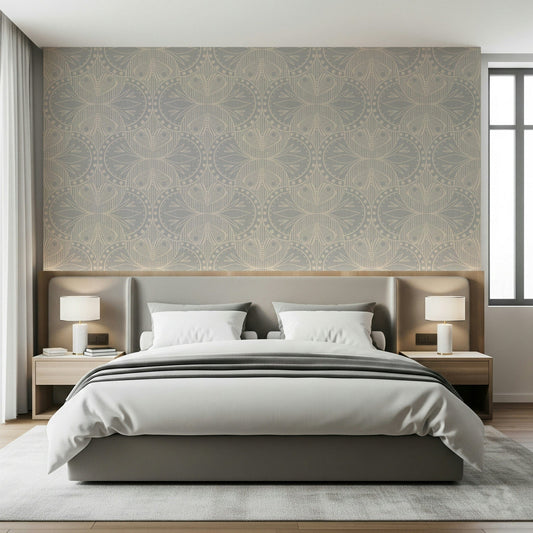 Light grey butterfly wallpaper with art nouveau scrolls and quiet floral blooms