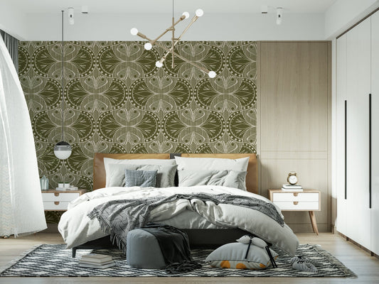 Art Nouveau Butterfly Floral in Olive Drab Wallpaper⁠