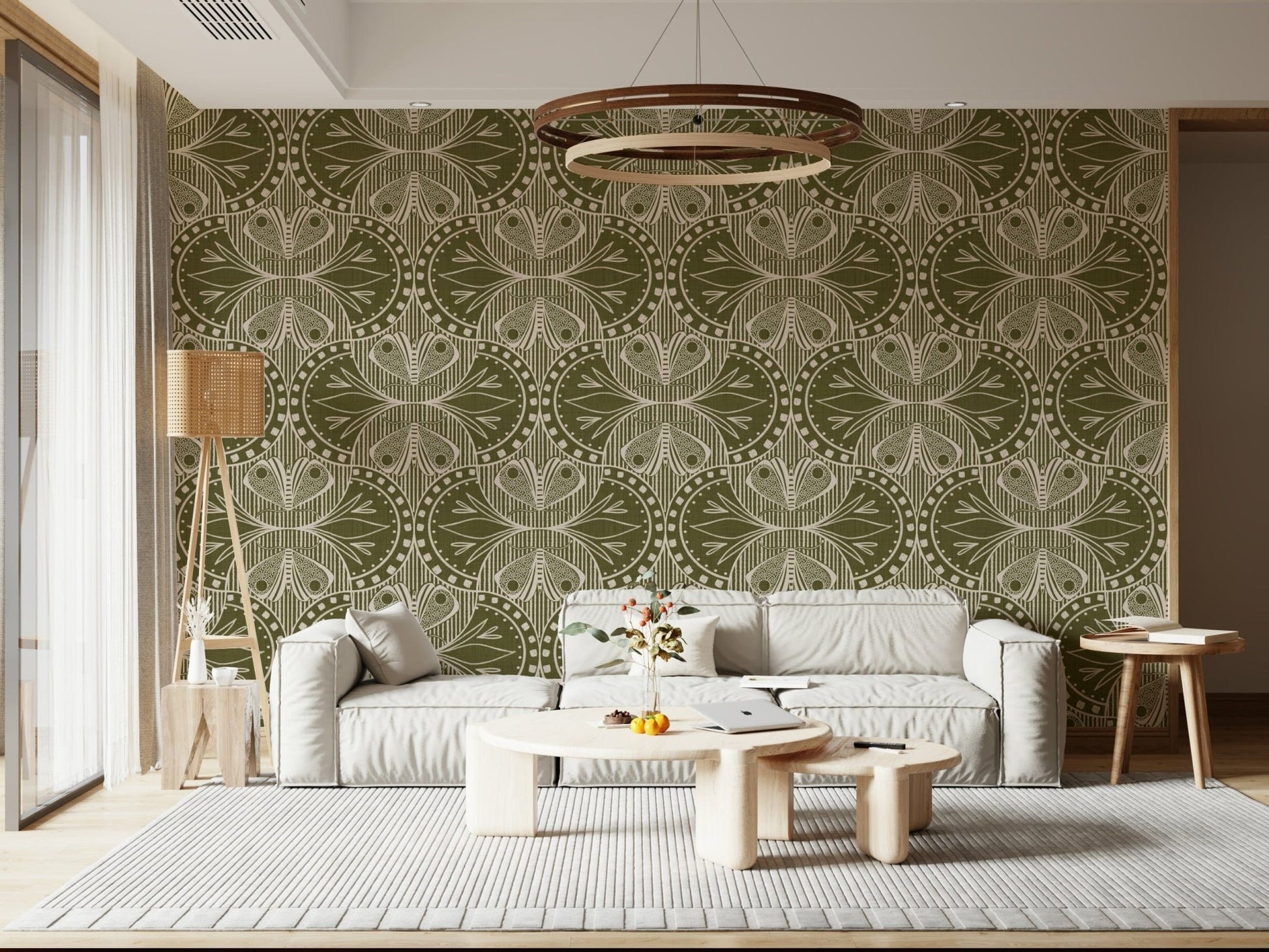 Art Nouveau Butterfly Floral in Olive Drab Wallpaper⁠