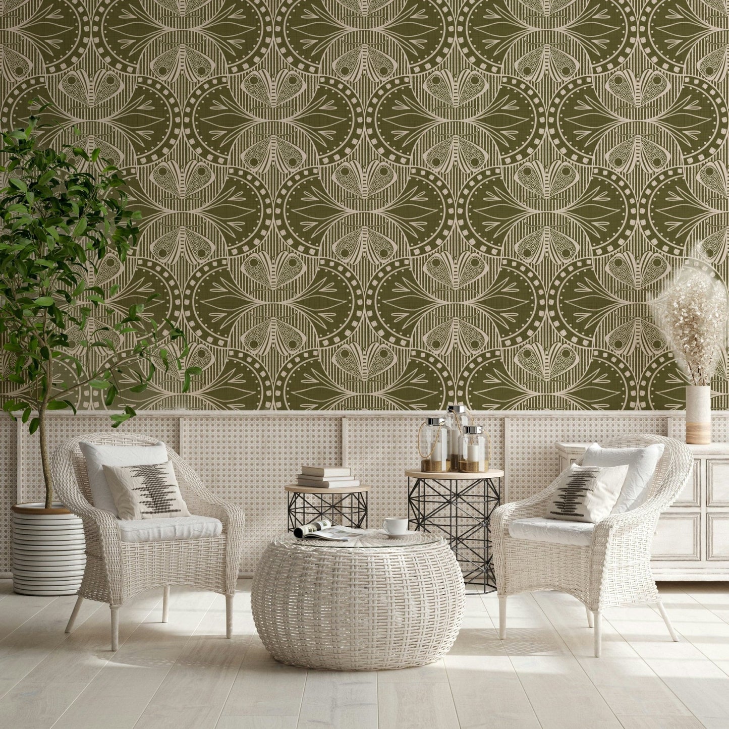 Art Nouveau Butterfly Floral in Olive Drab Wallpaper⁠