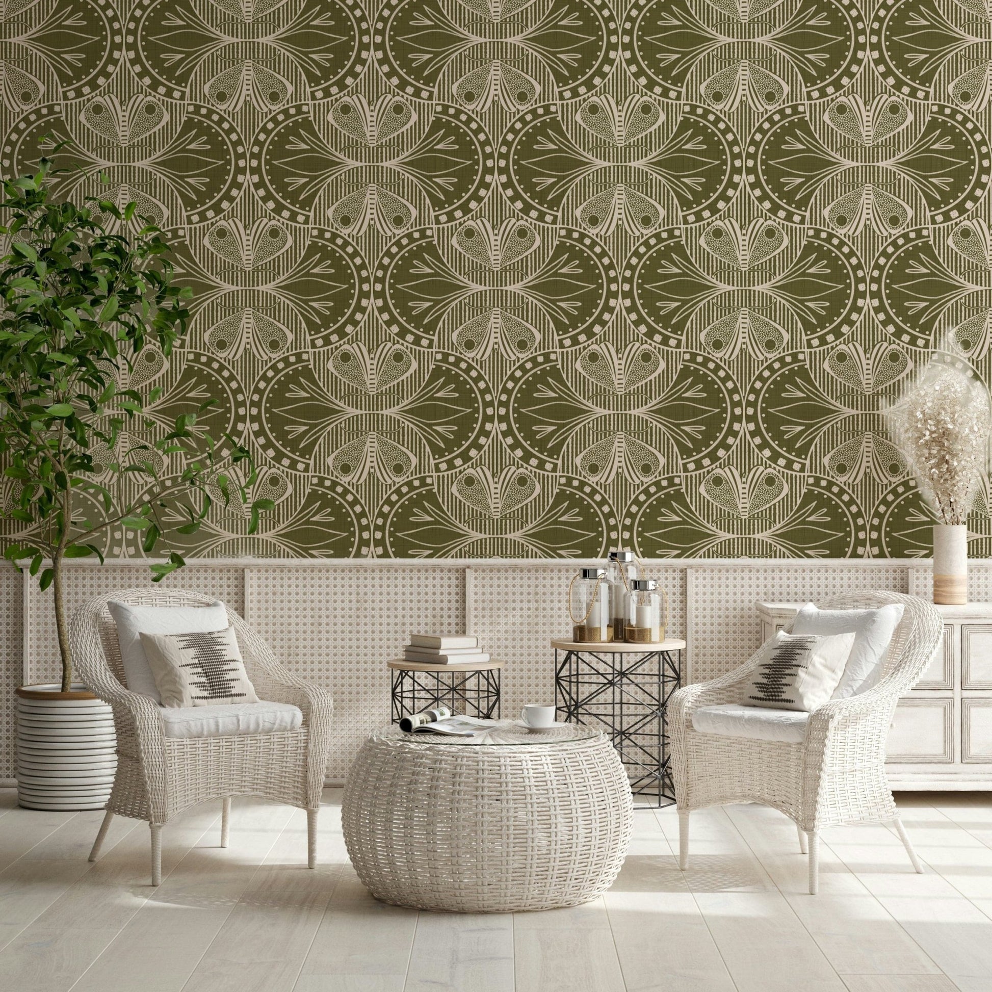 Art Nouveau Butterfly Floral in Olive Drab Wallpaper⁠
