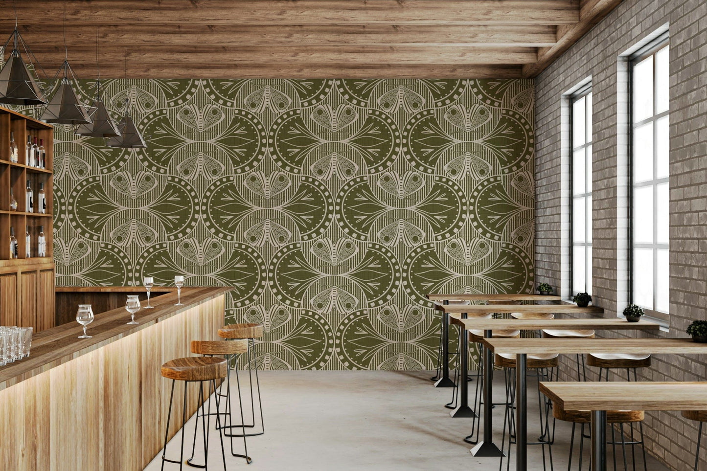 Art Nouveau Butterfly Floral in Olive Drab Wallpaper⁠