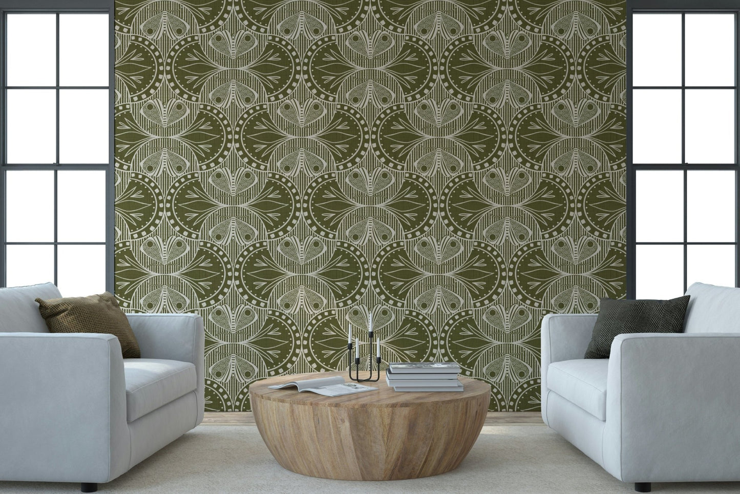 Art Nouveau Butterfly Floral in Olive Drab Wallpaper⁠