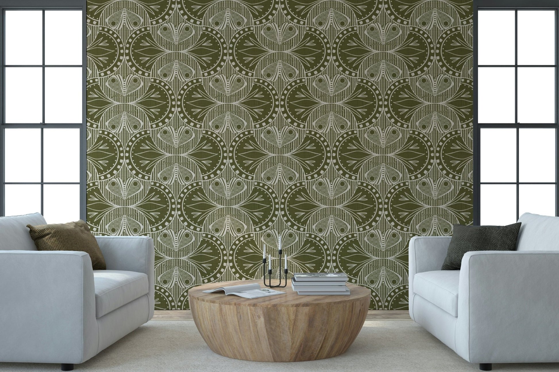 Art Nouveau Butterfly Floral in Olive Drab Wallpaper⁠