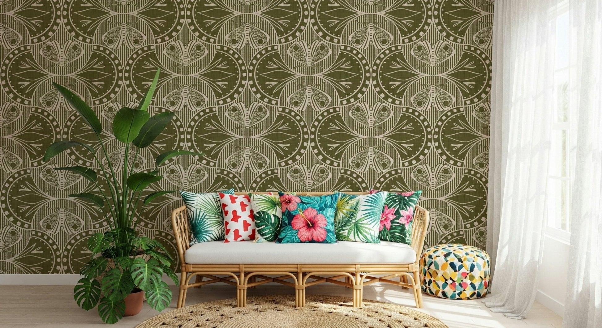 Art Nouveau Butterfly Floral in Olive Drab Wallpaper⁠