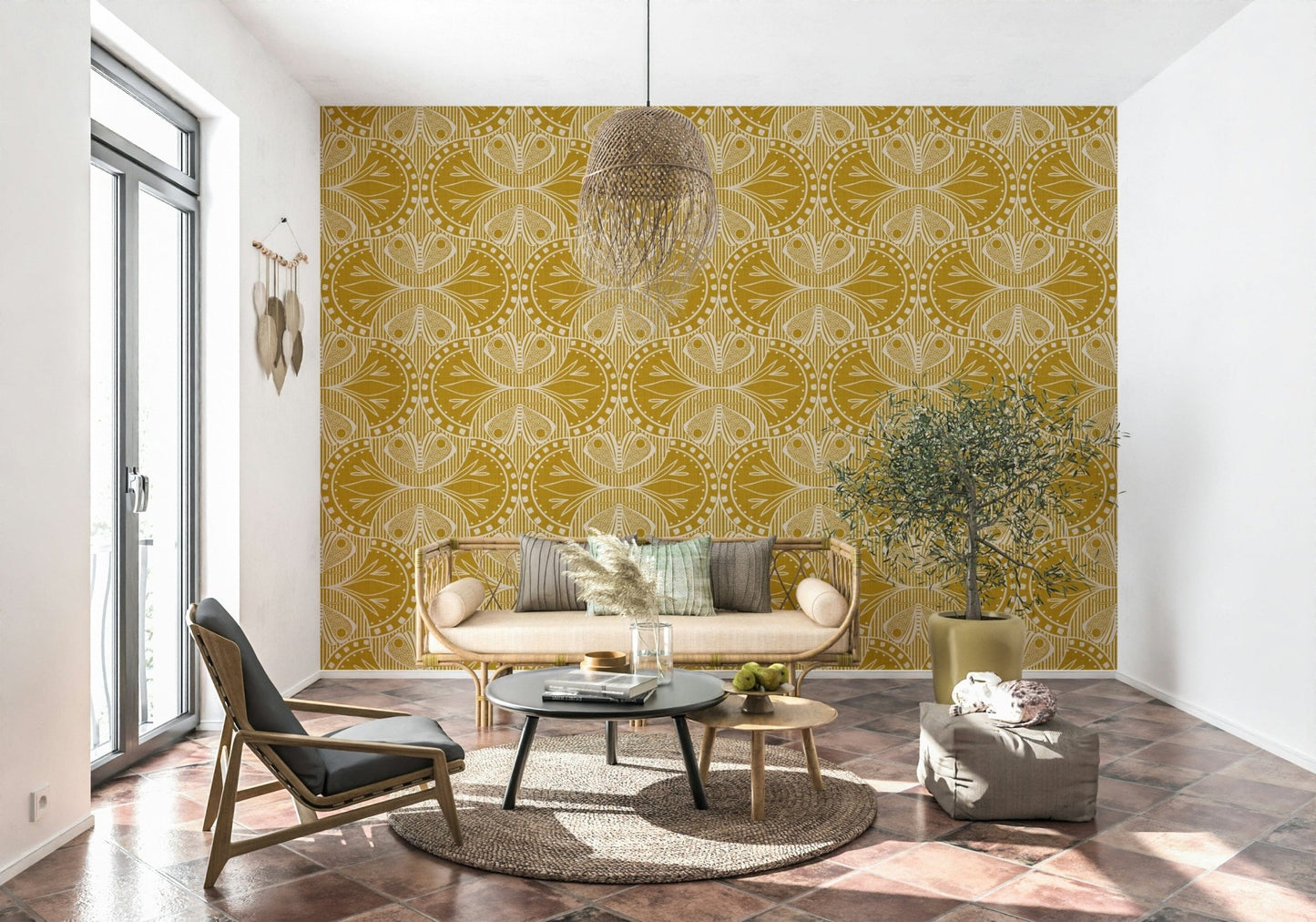 Decorative butterfly floral wallpaper in art nouveau style with mustard gold palette