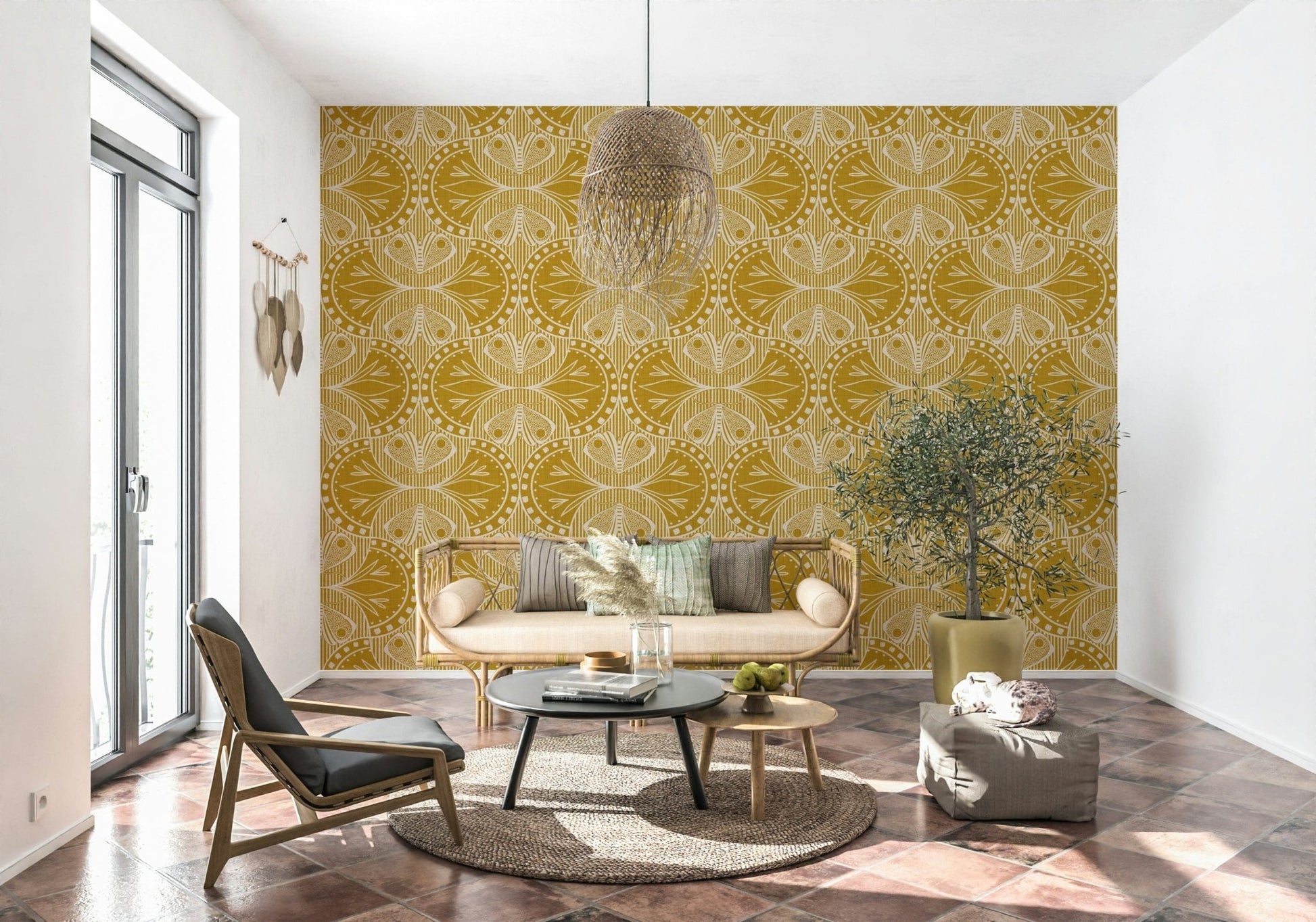 Decorative butterfly floral wallpaper in art nouveau style with mustard gold palette