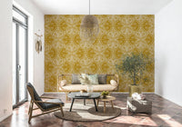 Decorative butterfly floral wallpaper in art nouveau style with mustard gold palette