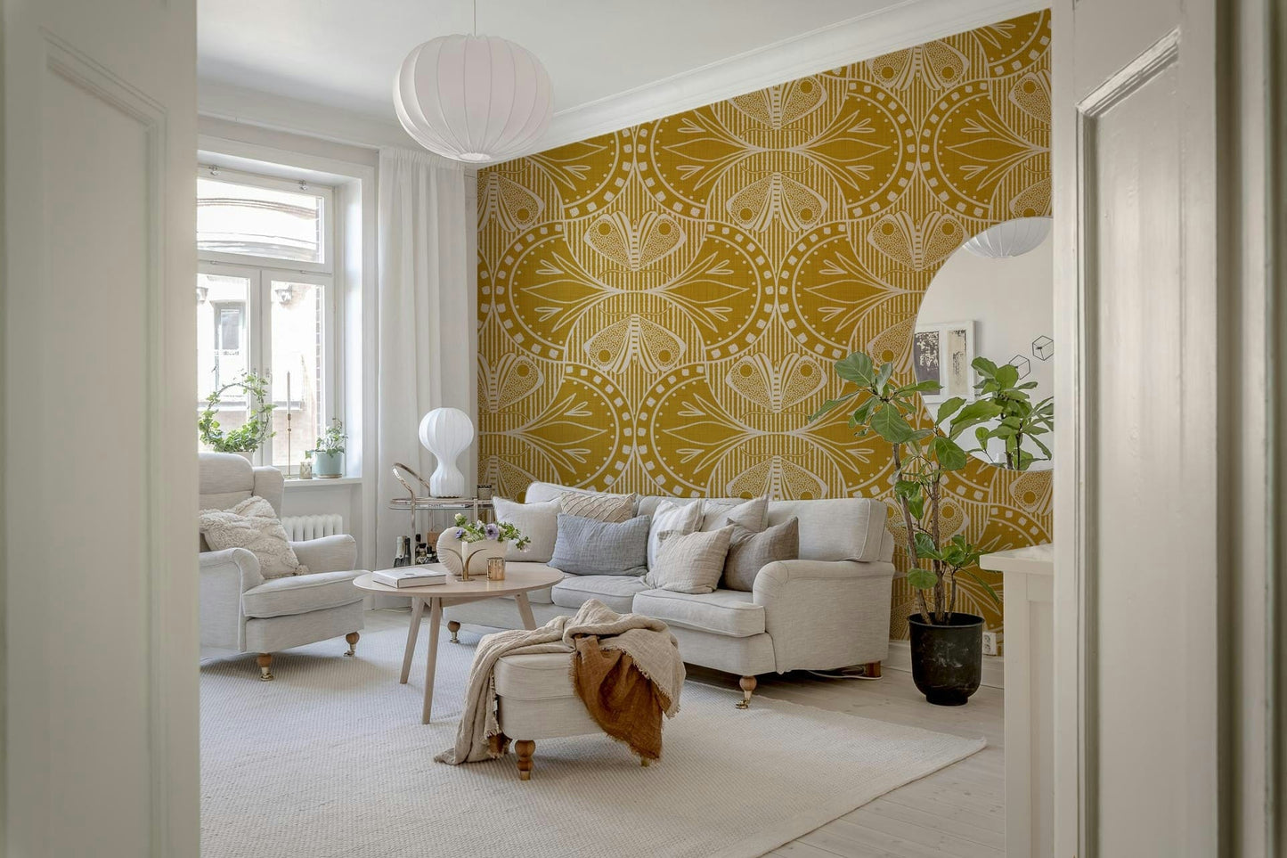 Warm mustard gold wallpaper with art nouveau scrolls and butterfly floral motifs