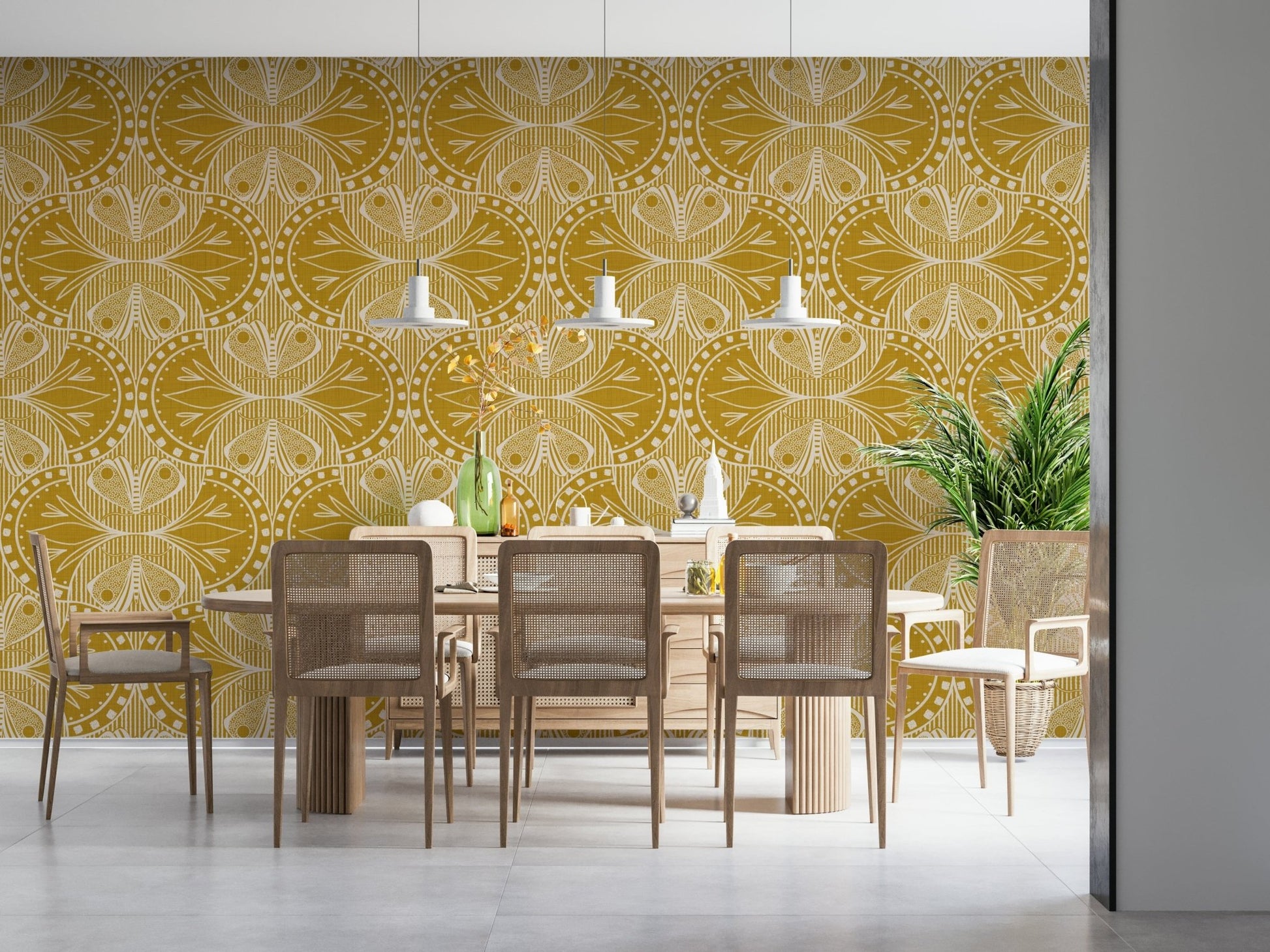 Art Nouveau Butterfly Floral Mustard Gold Wallpaper full of regal vintage richness