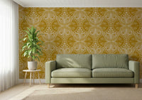 Floral wallpaper in mustard gold with art nouveau butterfly and vine patterns